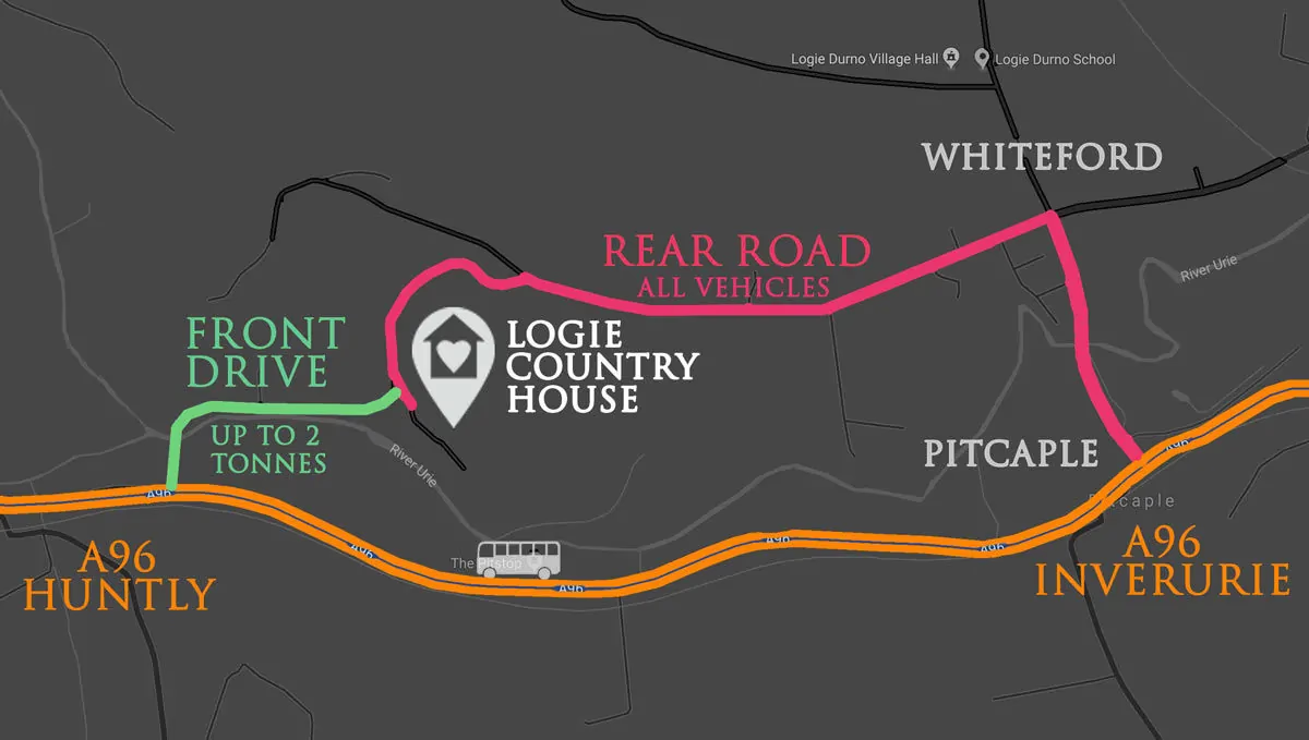Map showing routes to Logie Country House. Front Drive off A96 (up to 2 tonnes). Rear Road via Whiteford and Pitcaple (all vehicles).